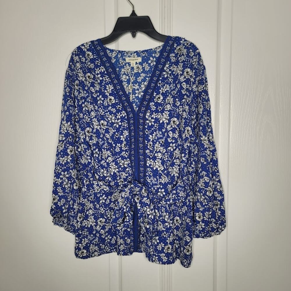 Max Studio London Floral Notch Long Sleeve Top Women’s Large NEW Tie Back Ruched
